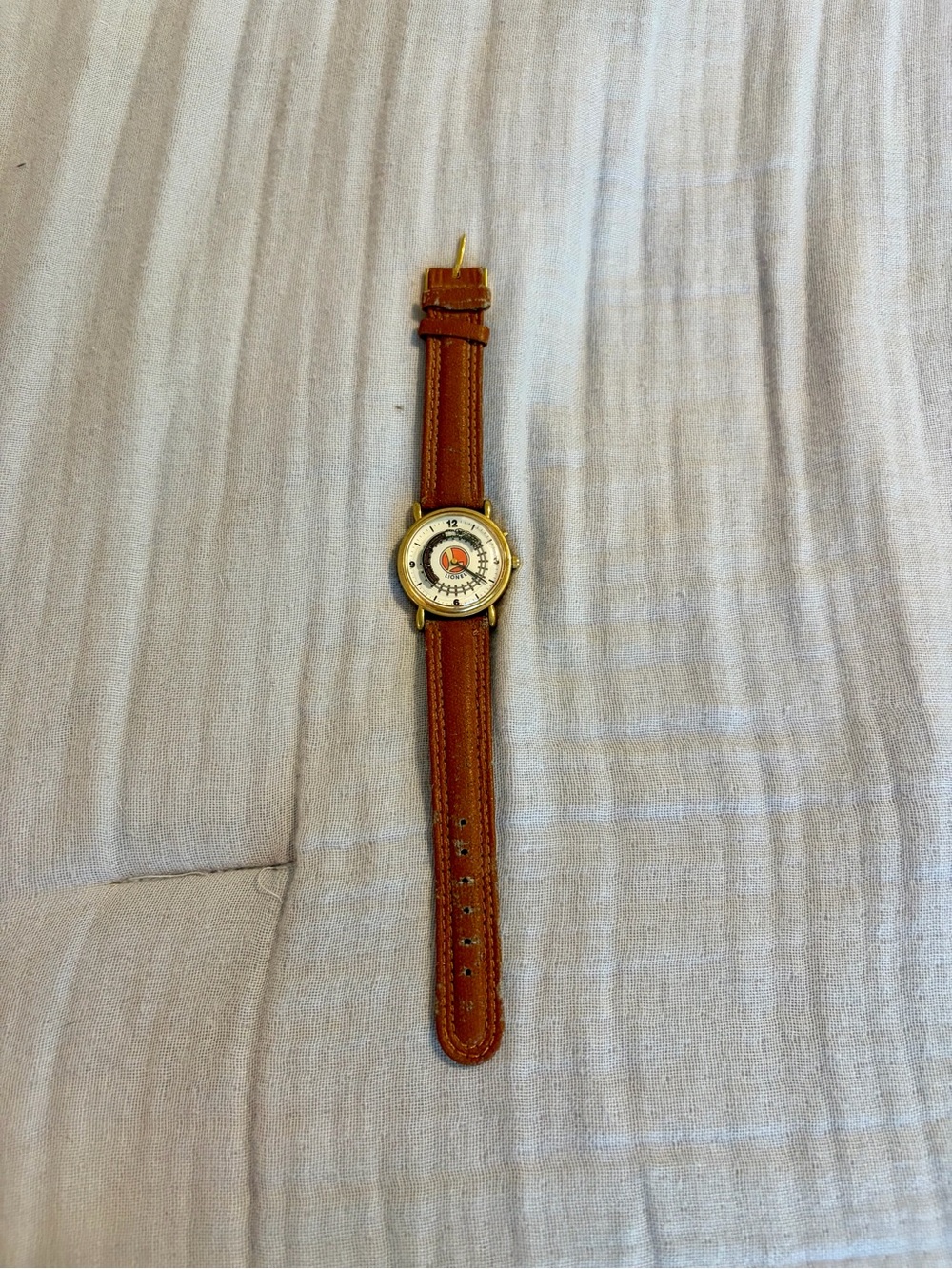 Vintage Men's Lionel Train Leather Strap Watch with Gold-Tone Case — Brown